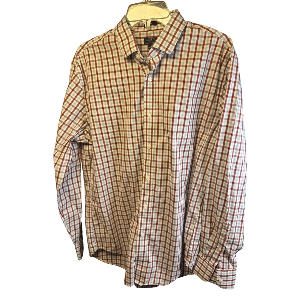 J Crew Shirt Mens Large Red Blue Plaid Slim Fit Flex‎ Wrinkle Free Button Down
